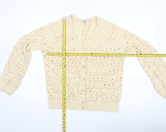 Boden Women Beige Cotton V-Neck Cardigan M Long Sleeve Knit