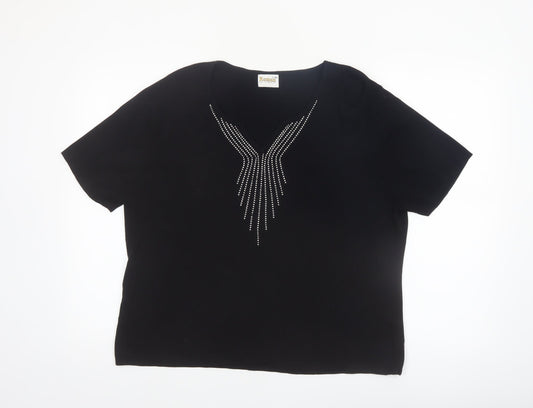 Additional front view of Roman Originals Women's Black L Basic Beaded V-Neck T-Shirt