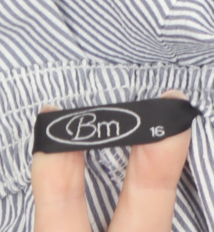 Bm Womens Blue Striped Cropped Trousers Size 16 Elastic Waist Polyester