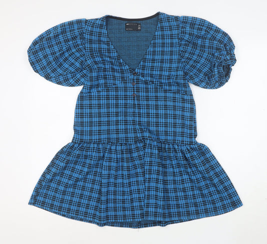 Additional front view of ASOS Design Women's Blue Check Puff Sleeve Skater Dress, size 8