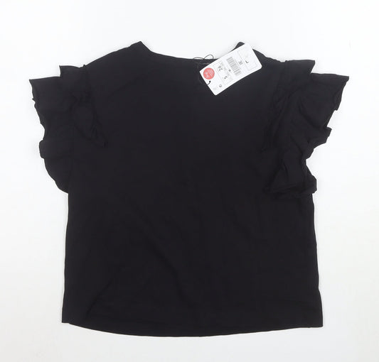 Lefties Womens Black Ruffle Short Sleeve Cotton T-Shirt Size S