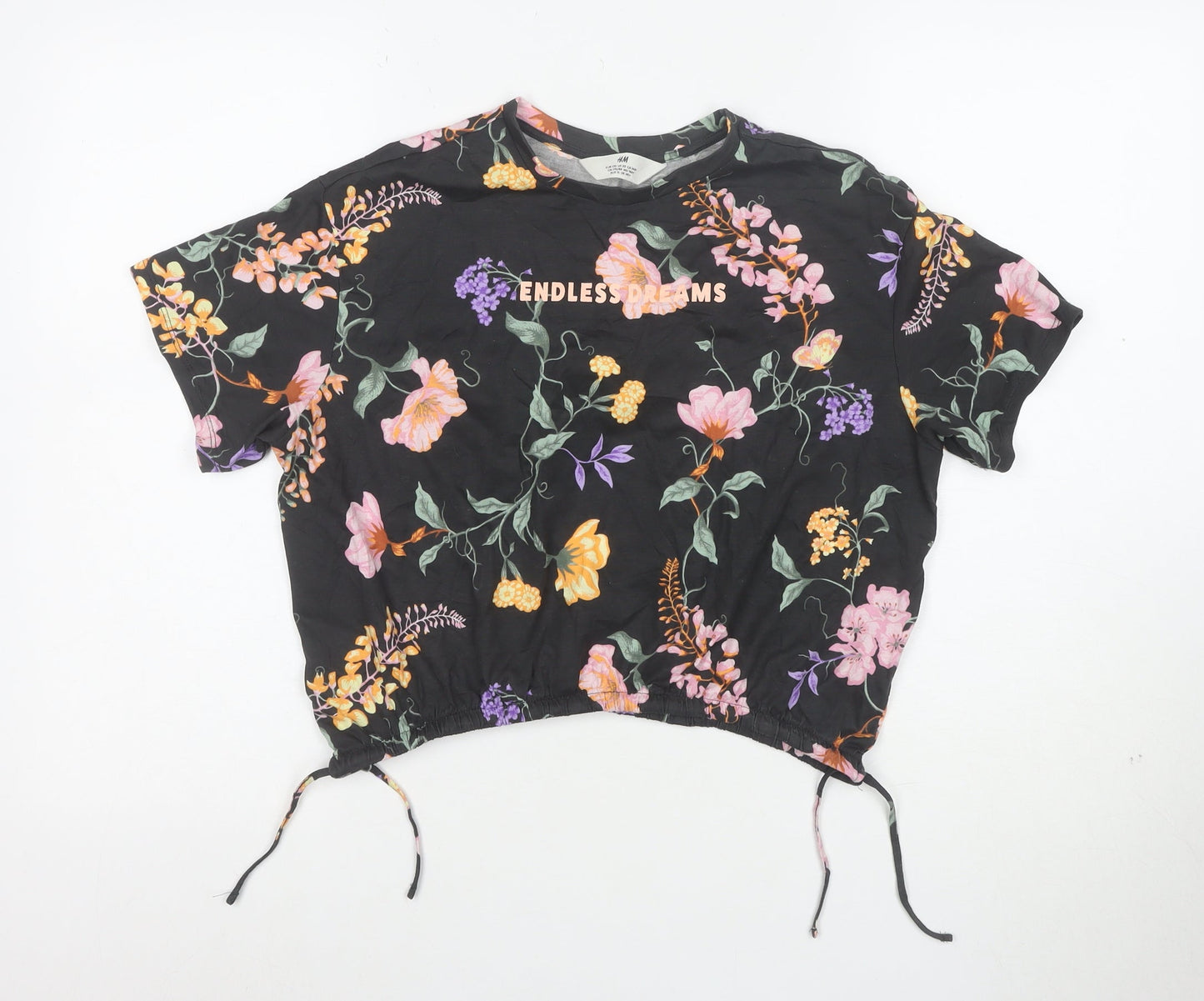 H&M Girls Black Floral Cropped T-Shirt 12 Years Adjustable Hem