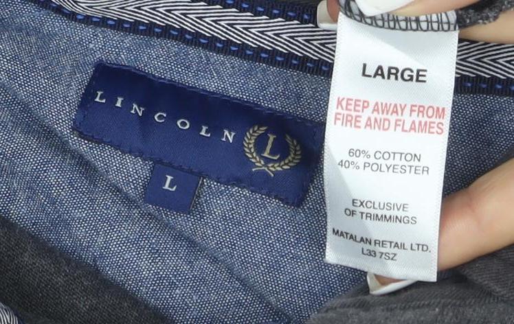 Lincoln Men’s Grey and Purple Striped Long Sleeve Polo Large