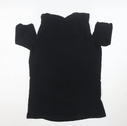 Restyle Women’s Black Gothic Cat Graphic Cold Shoulder Cotton T-Shirt Size S