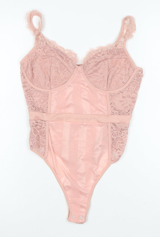 PrettyLittleThing Women Pink Lace Bodysuit UK 10 Sleeveless