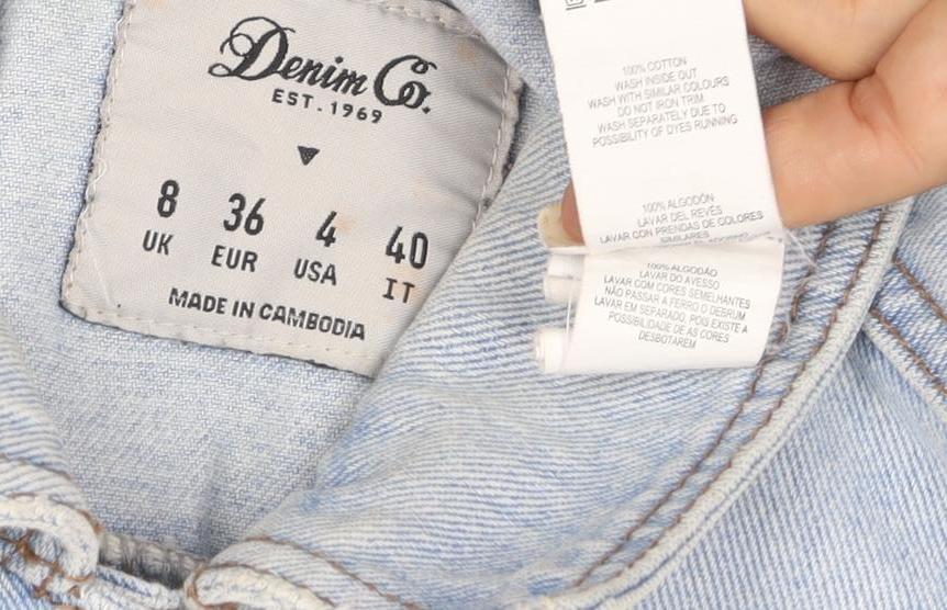 Brand and care label for Denim Co women’s blue, size UK 8, regular fit basic denim jacket