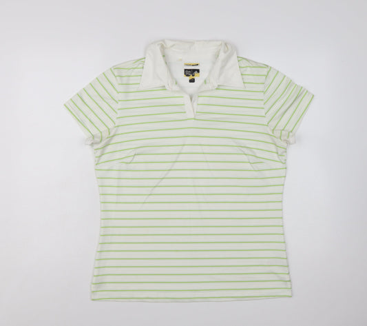 Adidas Womens White Green Striped Polo Shirt Size L ClimaCool