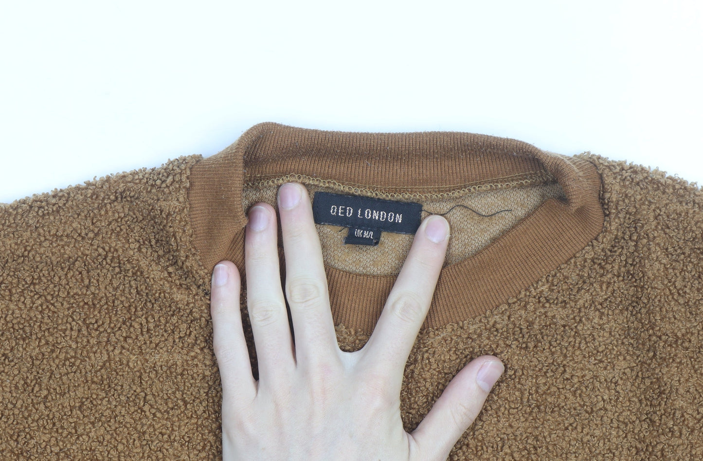 QED London Men's Brown Crew Neck Fleece Jumper M/L Relaxed Fit