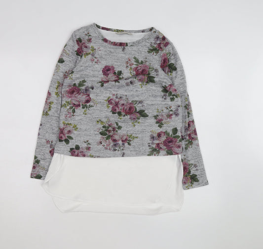 Oasis Women Grey Floral Pullover Jumper XS Long Sleeve Knit