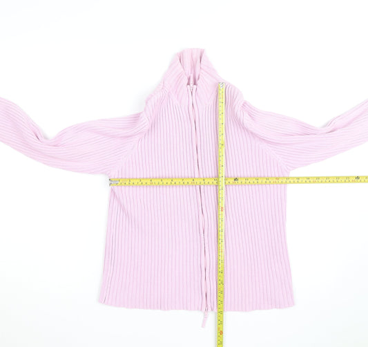 Next Women Pink Ribbed Full Zip High Neck Cotton Jumper Size L