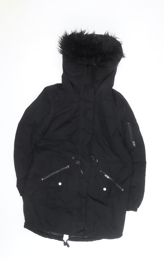 H&M Women’s Black Parka Coat Size 12 Hooded Faux Fur Trim Winter Jacket