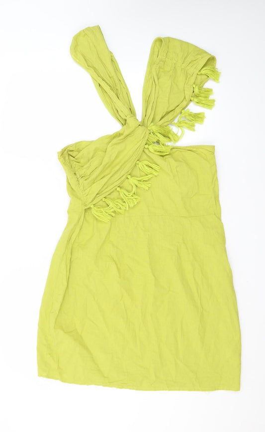 Additional front view of PRETTYLITTLETHING Plus Green One Shoulder Fringe Mini Dress, size 16