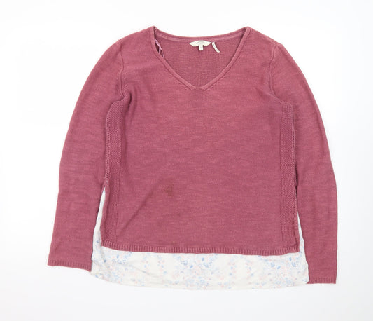 FatFace Women Pink V-Neck Cotton Linen Knit Jumper Size 10