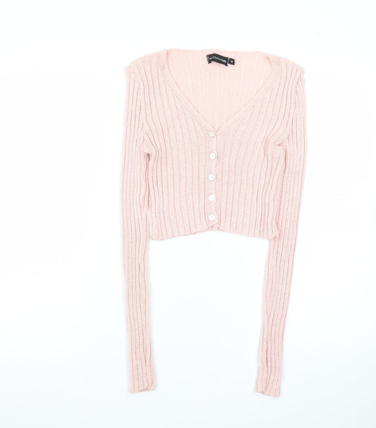 PRETTYLITTLETHING Women Pink Ribbed V-Neck Button Cardigan Size M