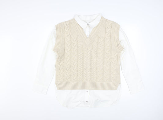 Nutmeg Women Beige Cable-Knit V-Neck Sleeveless Jumper Vest Size 10