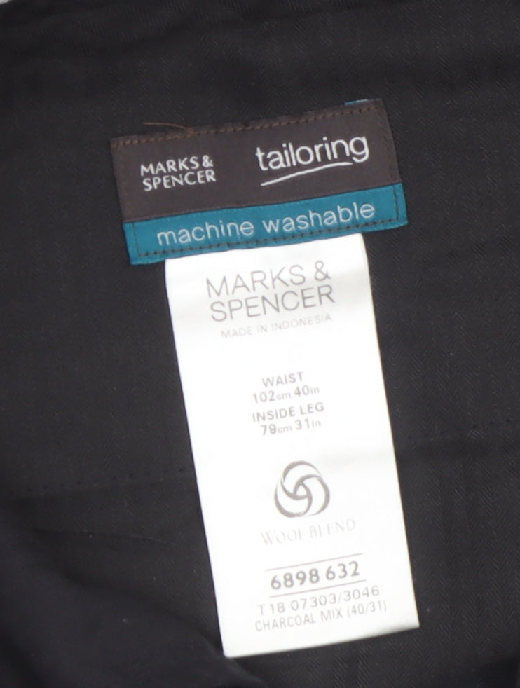 Marks and Spencer Men's Black Wool Blend Pleated Dress Trousers 40W 31L