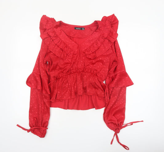 Boohoo Women’s Red Ruffle V-Neck Blouse Size 10 Long Sleeve