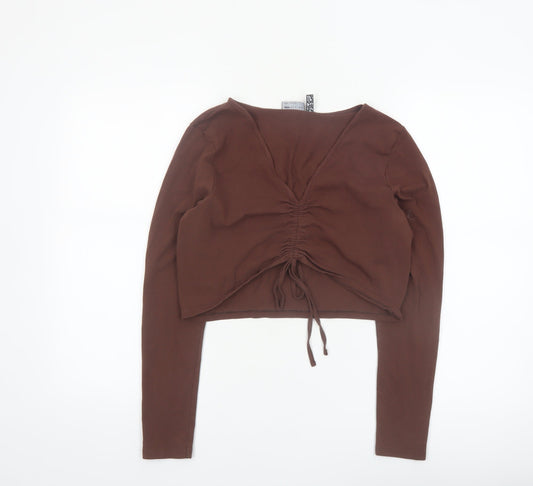 Additional front view of ASOS DESIGN Women’s Brown Cropped Long Sleeve V-Neck Top, size UK 14