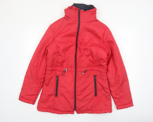 Additional front view of Anne De Lancay women’s red puffer jacket, size S, full zip winter coat