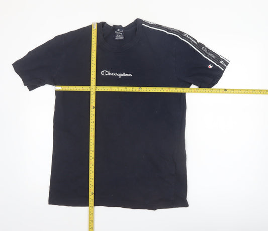 Champion Men's Black Medium Crew Neck Cotton T-Shirt with Logo Tape Trim