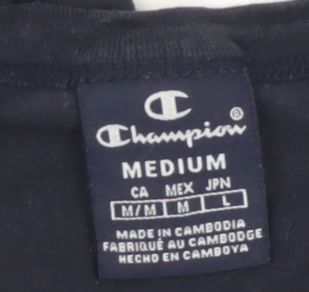 Champion Men's Black Medium Crew Neck Cotton T-Shirt with Logo Tape Trim