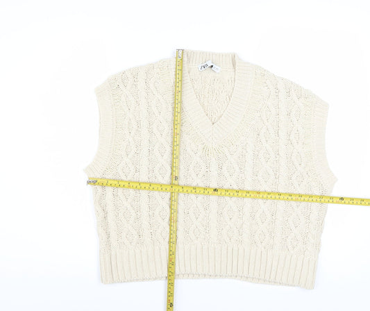 Zara Women Beige Cable-Knit V-Neck Vest Jumper L