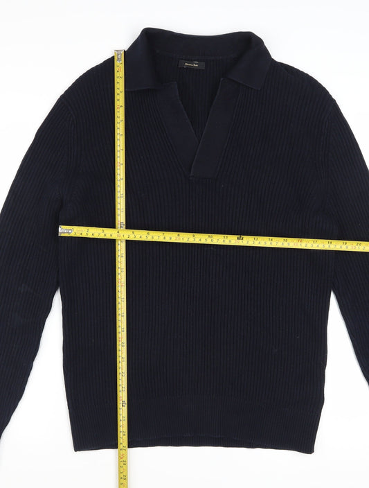 Massimo Dutti Men's Blue Cotton Collared Ribbed Jumper Size M