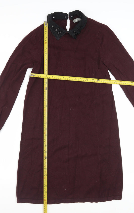 Oasis Womens Brown Beaded Collar Shift Dress XS Long Sleeve