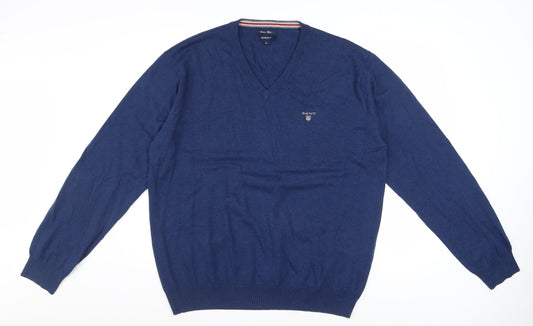 Gant Men's Blue V-Neck Cotton Wool Pullover Jumper XL