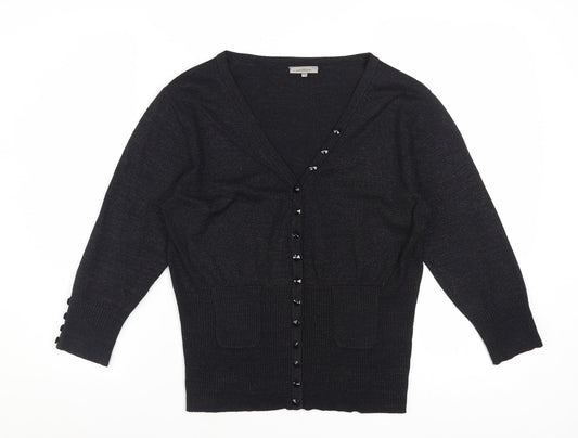 John Lewis Women Black Lurex Knit Cardigan L V-Neck Button Detail