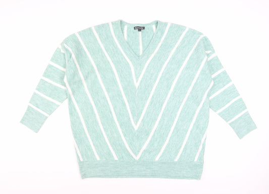 Bonmarché Women’s Green Striped V-Neck Pullover Jumper Size 14