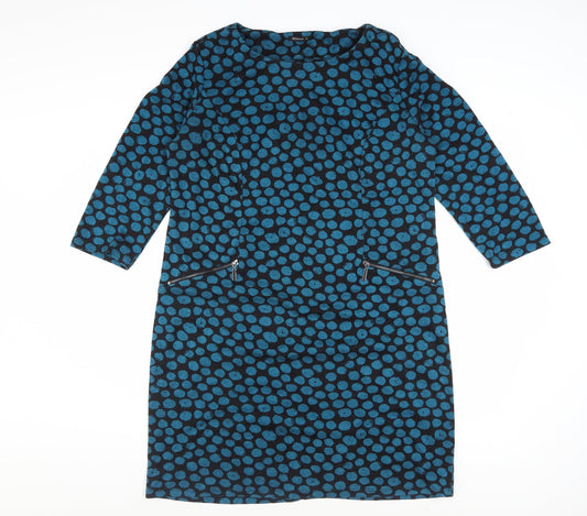 Additional front view of Roman Women's Blue Polka Dot Shift Dress, size 14, 3/4 Sleeve Knit