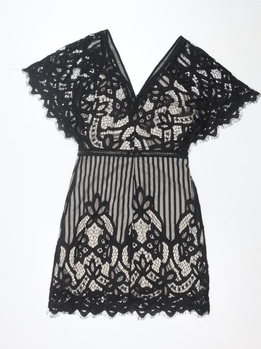 Boohoo Women’s Black Lace Bodycon V-Neck Short Dress Size 10