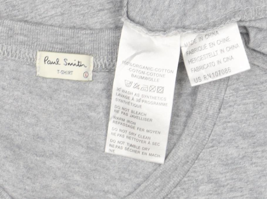 Brand and care label for Paul Smith unisex grey zebra print cotton t-shirt, size S