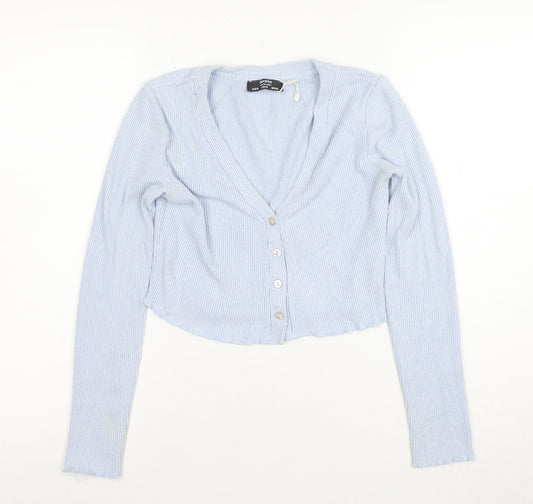 Bershka Women Blue Cropped Ribbed Knit Button-Up Top XS