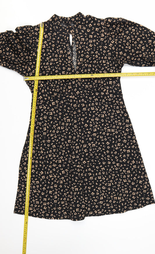 New Look Women Black Animal Print A-Line Long Sleeve Dress Size 14