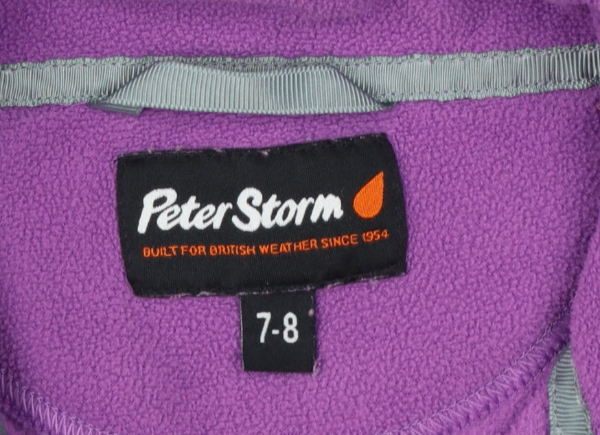Brand and care label for Peter Storm girls’ purple fleece 1/4 zip pullover sweatshirt 7-8 years