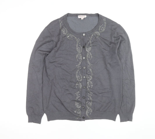 Additional front view of Reflect Grey Rhinestone Crew Neck L Cardigan Knit Jumper