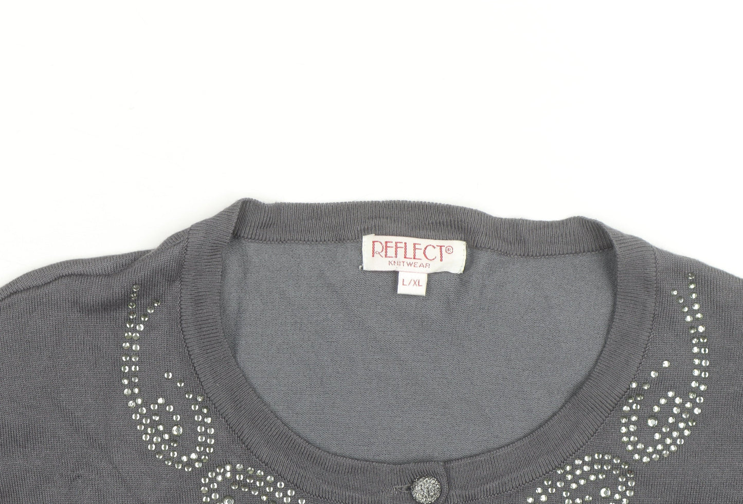 Reflect Grey Rhinestone Crew Neck L Cardigan Knit Jumper