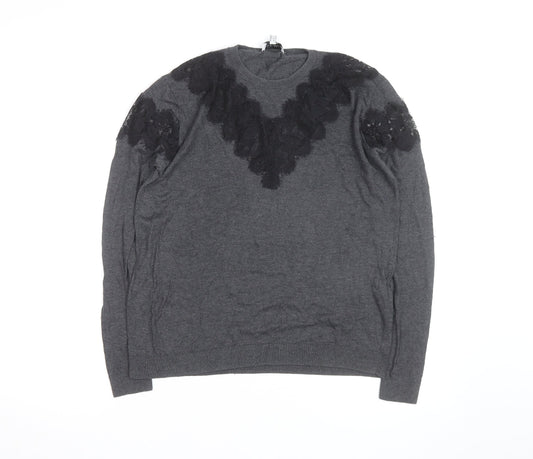 Warehouse Women Grey Lace Detail Crew Neck Jumper Size 10