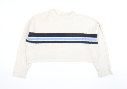 Additional front view of Pull&Bear Teens Ivory Striped Crew Neck Knit Jumper, size M