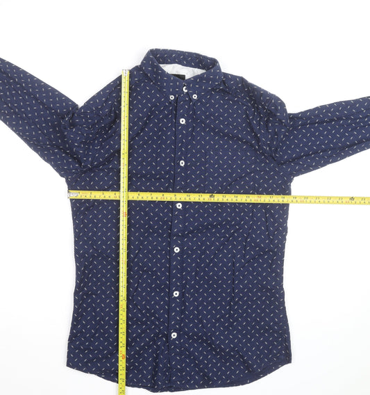 Burton Menswear London Men's Blue Geometric Long Sleeve Button-Up Shirt Size S