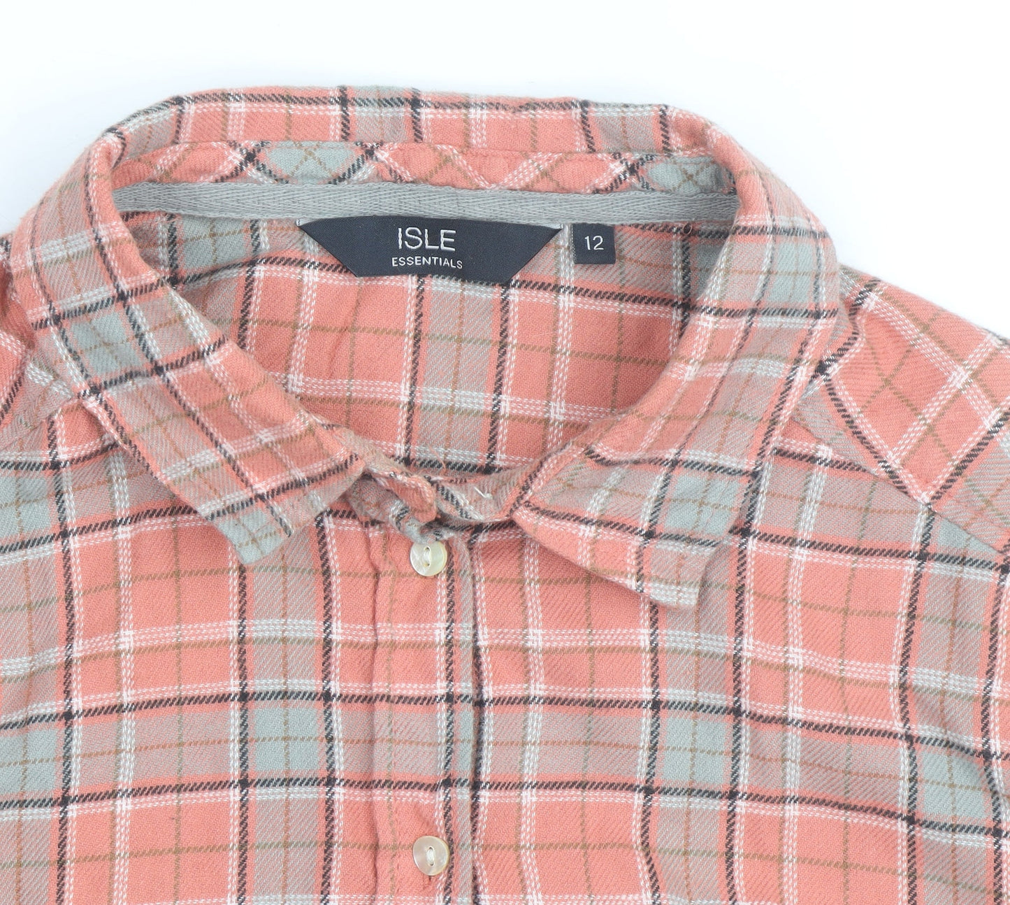 Isle Essentials Women’s Coral Check Button-Up Shirt Size 12 Cotton