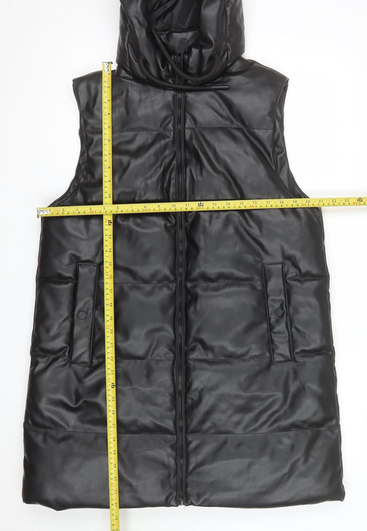 Primark Women Black Faux Leather Hooded Padded Waistcoat M