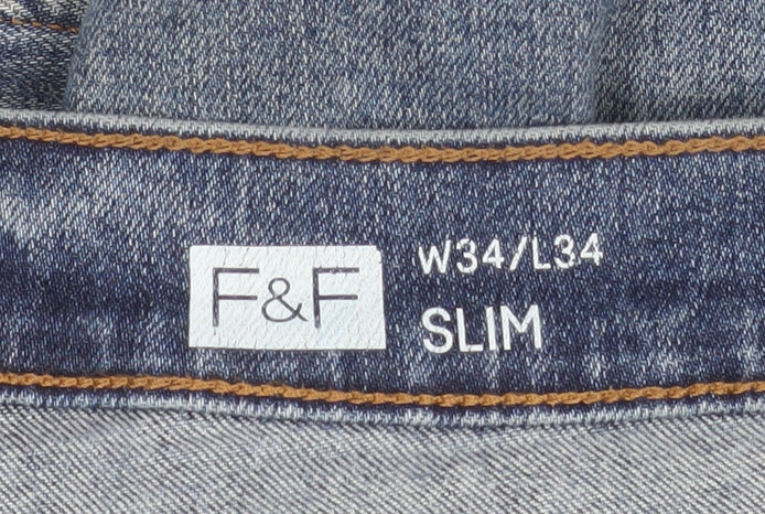 F&F Men's Blue Slim Fit Mid Rise Straight Leg Jeans W34 L34