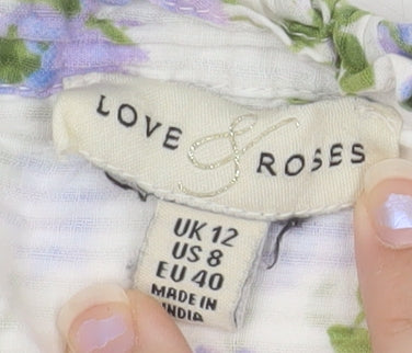 Love & Roses Womens White Floral Ruffle Cotton Blouse UK 12