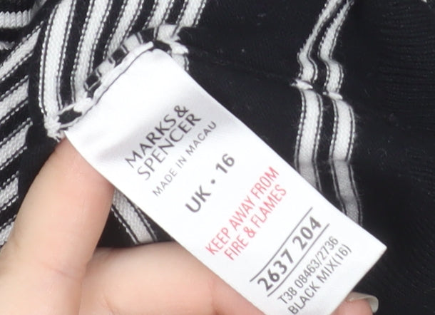 Marks and Spencer Womens Black White Striped V-Neck Knit Jumper UK 16