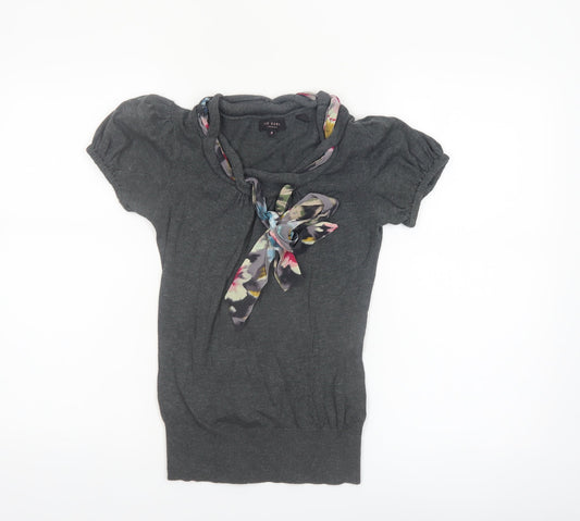 Ted Baker Women's Grey Short Sleeve Bow Neck Cotton Silk Jumper Size 6