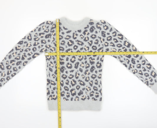 Angel & Rocket Girls Grey Leopard Print Fluffy Pullover Jumper 9-10 Years