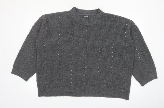 Stradivarius Women Grey Beaded Mock Neck Knit Jumper Size 14